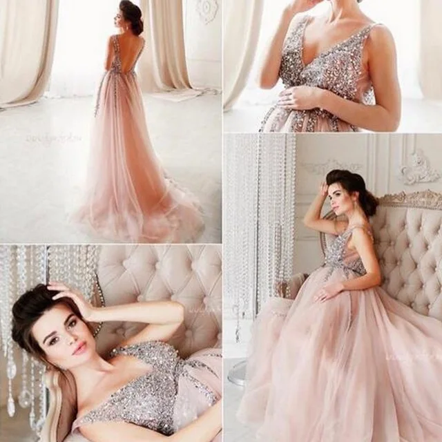 

Dusty Pink V Neck Long Formal Dresses Beaded 2018 Vestido De Festa Long Party Gowns Pregnant Backless Vestido de festa longo