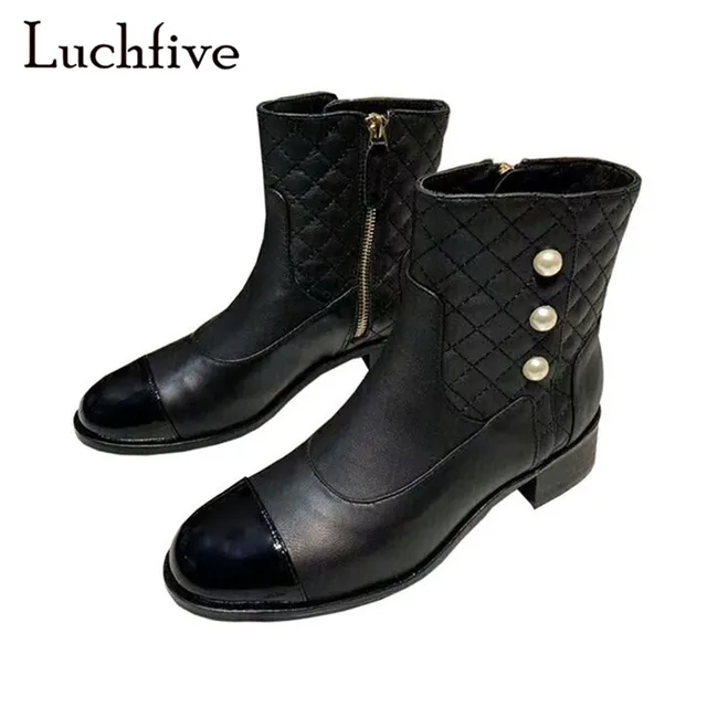 Genuine leather pearls winter boots women round toe square low heels ...