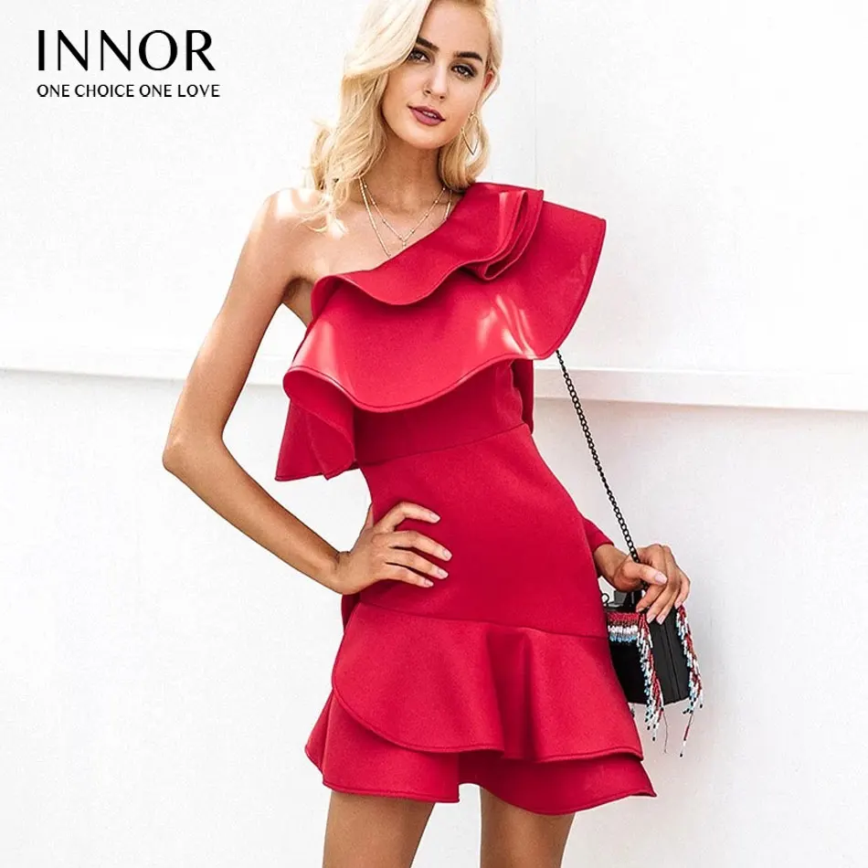 

One shoulder ruffle bodycon dress Women elegant long sleeve autumn slim dress Female sexy party club dress vestidos innor#254