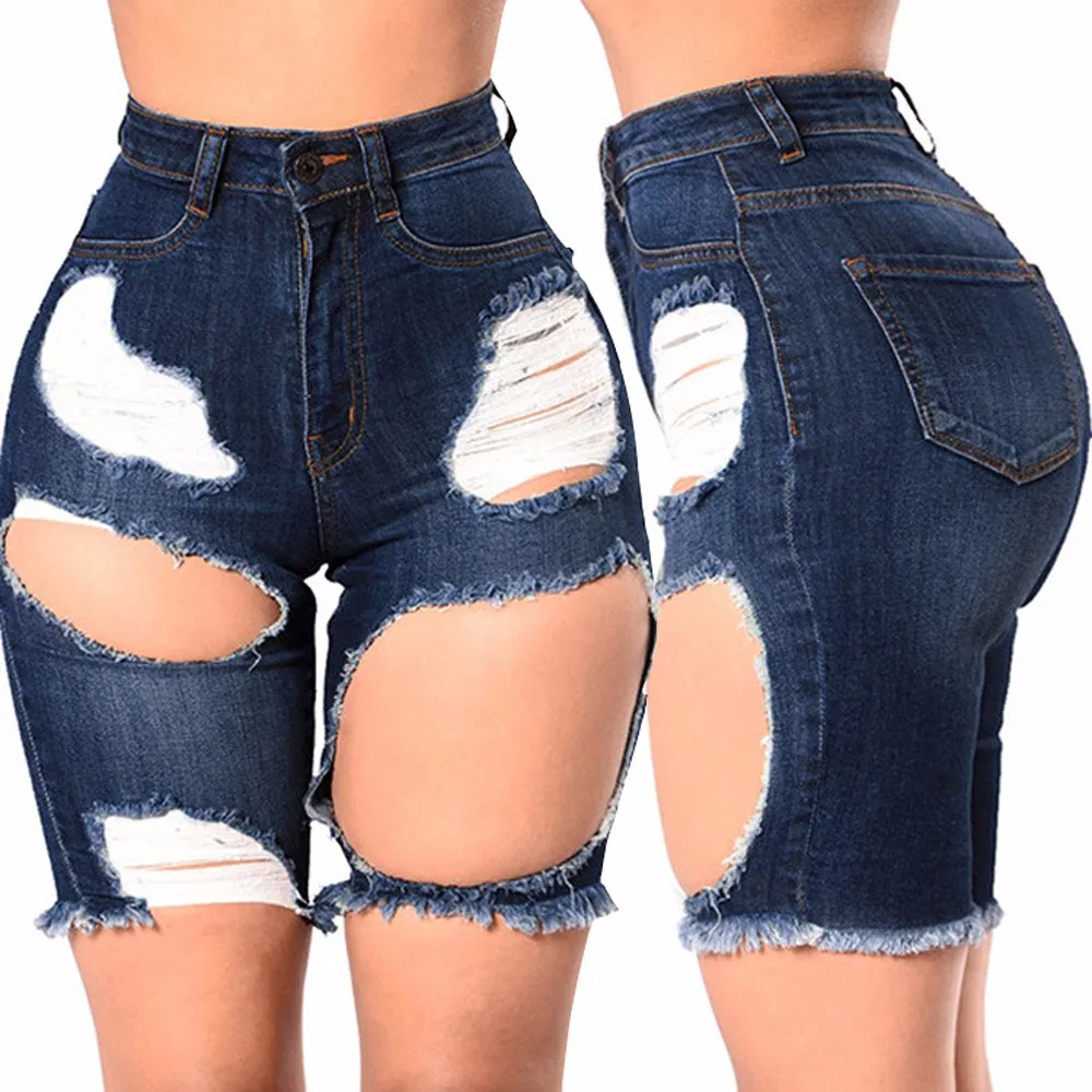 

Female Elastic Destroyed Hole Leggings Short Pants Denim Shorts Ripped Jeans High Waist