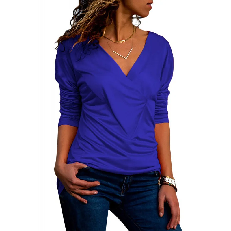 

Sexy Ruffles V-neck Casual T-shirt Solid Color Long-sleeved Women Top Pleated Slim T-shirts Casual Cotton Tops Tees Spring 2019