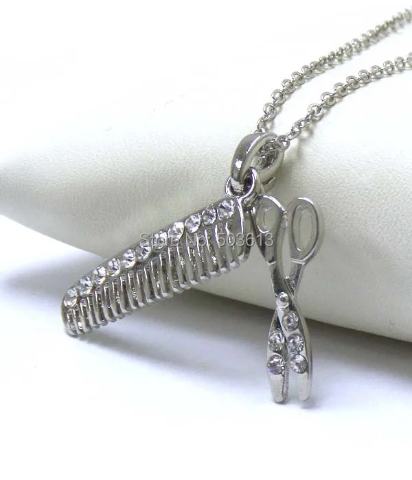 

one piece Fashion Dull Silver plated Alloy Crystal Rhinestone Comb/Scissors Pendant Necklace Free Shipping xy044