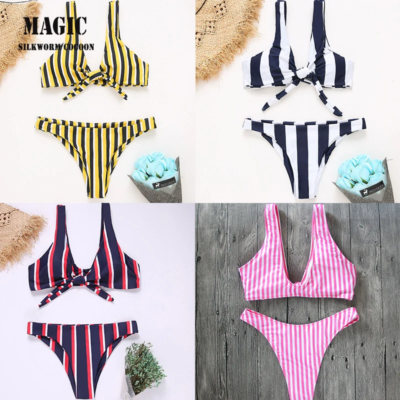 

U Type Yellow Striped Print Bikini Set Women Swimming Suit 2018 New Chest Adjustment Tie Swimwear Lady Beach Swimsuit Red Blue