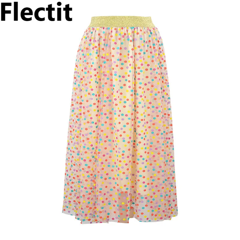 

Flectit Spring Summer 2019 Cute Multi Color Polka Dot Skirt with Gold Waistband Layered Gauze Tulle Long Skirt Women Saia *
