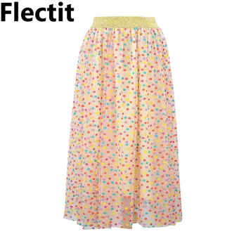 

Flectit Spring Summer 2019 Cute Multi Color Polka Dot Skirt with Gold Waistband Layered Gauze Tulle Long Skirt Women Saia *