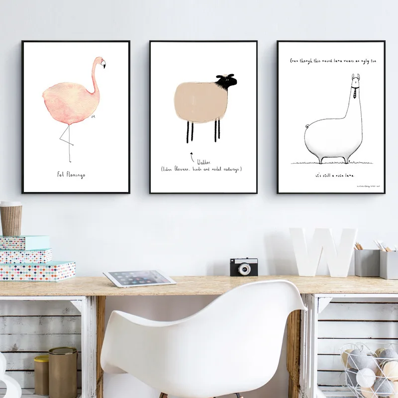 

HAOCHU Scandinavian Decorative Living Room Unicorn Weird Lama Fluffy Fox Flamingo Kids Room Fresh Cartoon Art House Poster