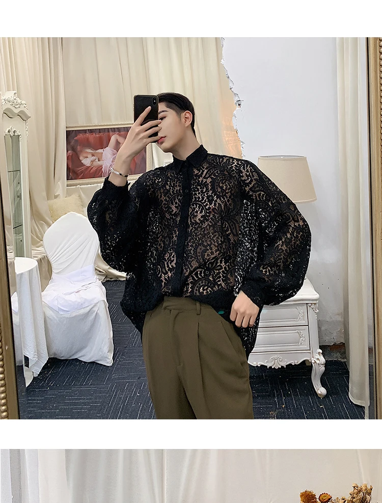 XIU LUO brand Men Loose Long Sleeve Translucent Lace Shirt Male Women Streetwear Hip Hop Party Casual Dress Shirts