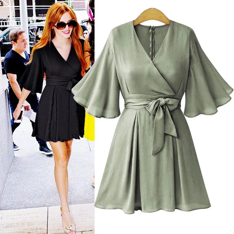 

New Summer Style Women Dresses Plus Size V-Neck Solid Collect Waist Slim Bow Belt Flare Short Sleeve Dress For Women One-Piece