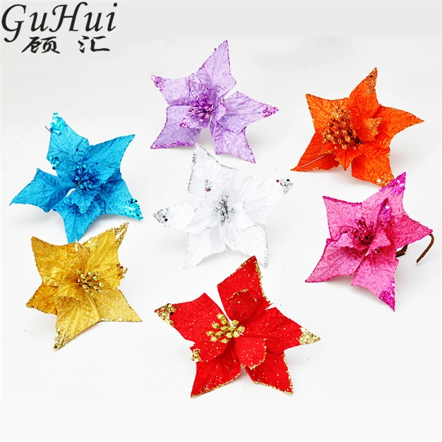 5pcs 15cm Five Pointed Star Shape Artificial Flower With Sticks Christmas Tree Decor New Year