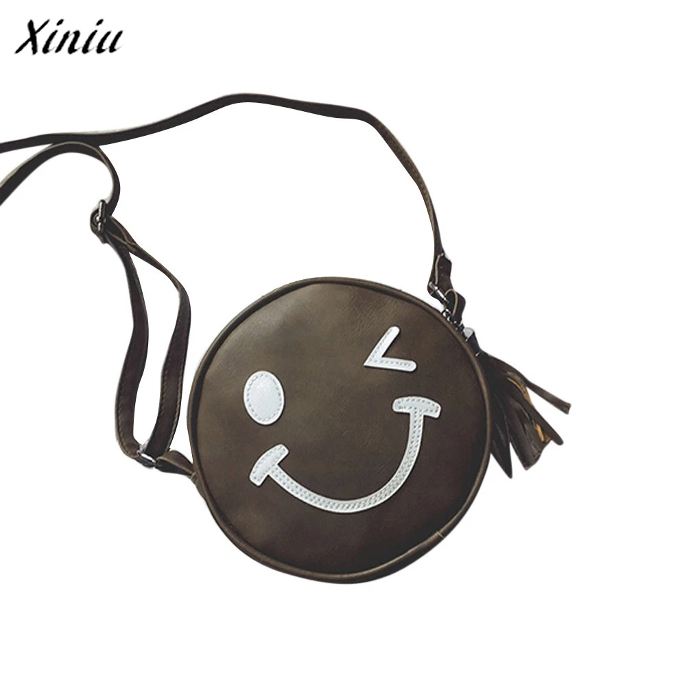 Women Circular Smile Face Leather Handbag Cross Body Shoulder Messenger