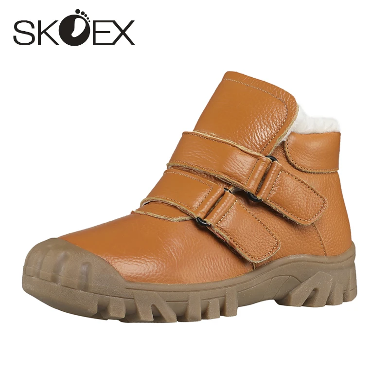 SKOEX Kid's Genuine Leather Winter Snow Boots Anti-Slip Waterproof Outdoor Boys Girls Ankle Boots Fur Lined Warm Children Shoes