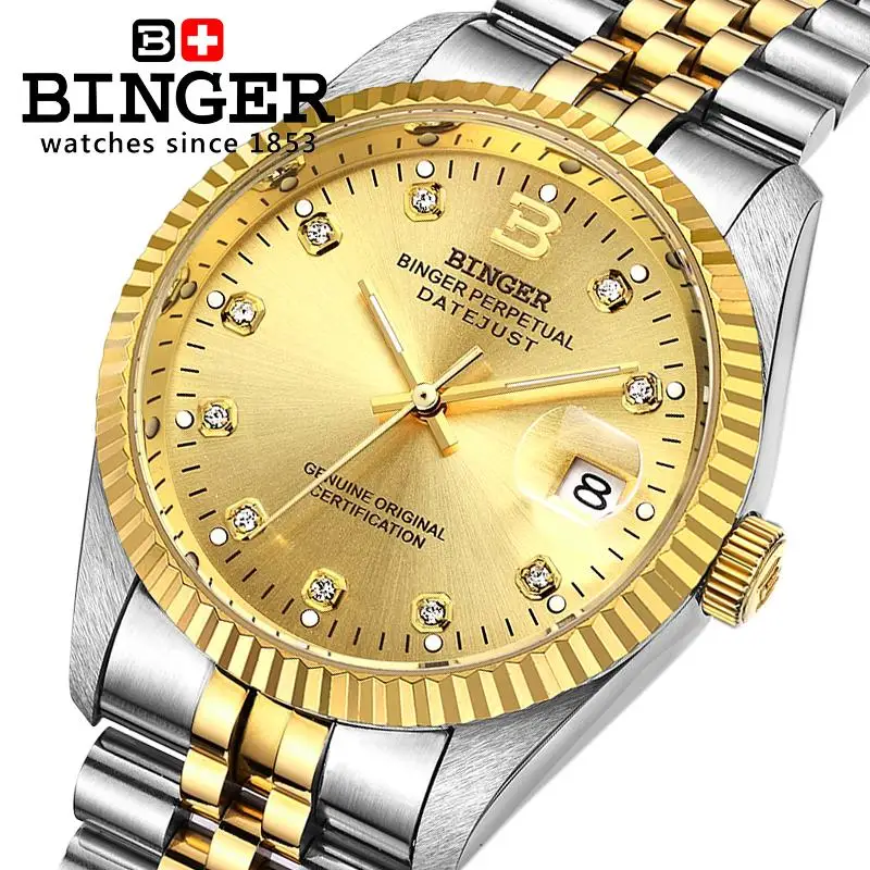 

Switzerland Wristwatches BINGER 18K gold Men's Watch self-wind automatic mechanical Watches Men Diamond Wristwatches BG-0373-5