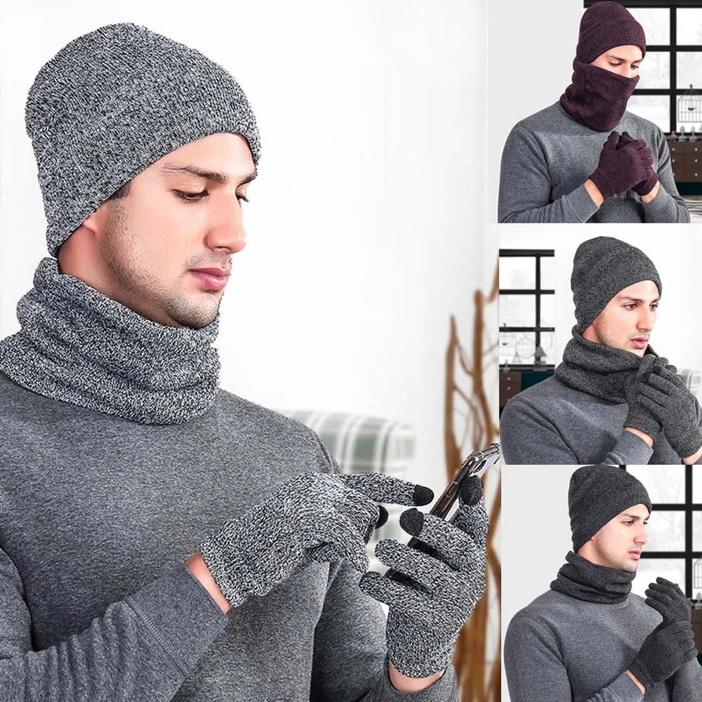 KLV мужские и женские однотонные теплые хлопковые вязаные зимние шерстяные вязаные перчатки нагрудник и шляпа костюм из трех предметов