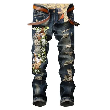 

Tiger Floral Embroidery Hole Men Jeans Ripped Distressed Slim Cowboy Male Denim Jeans Fashion Straight Bleached Tide
