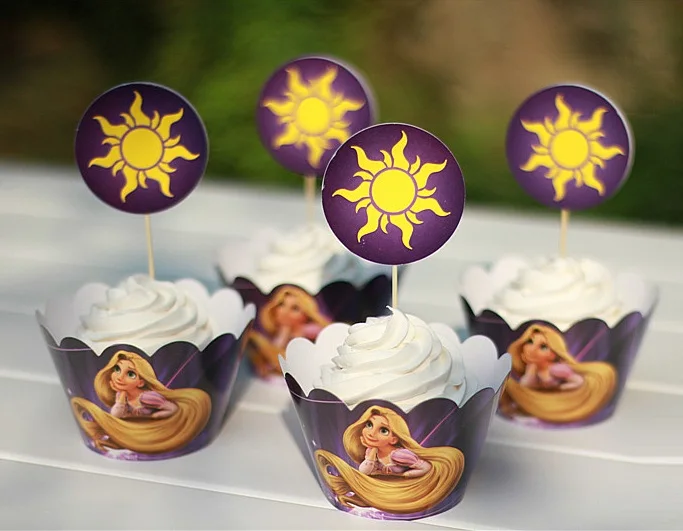 24pcs Set Rapunzel Princess Cupcake Wrappers Toppers Baby Birthday