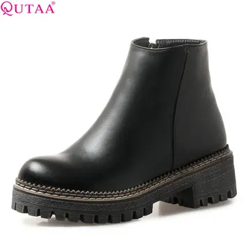 

QUTAA 2020 Women Ankle Boots Round Toe Pu Leather All Match Square High Heel Fashion Winter Shoes Women Boots Big Size 34-43