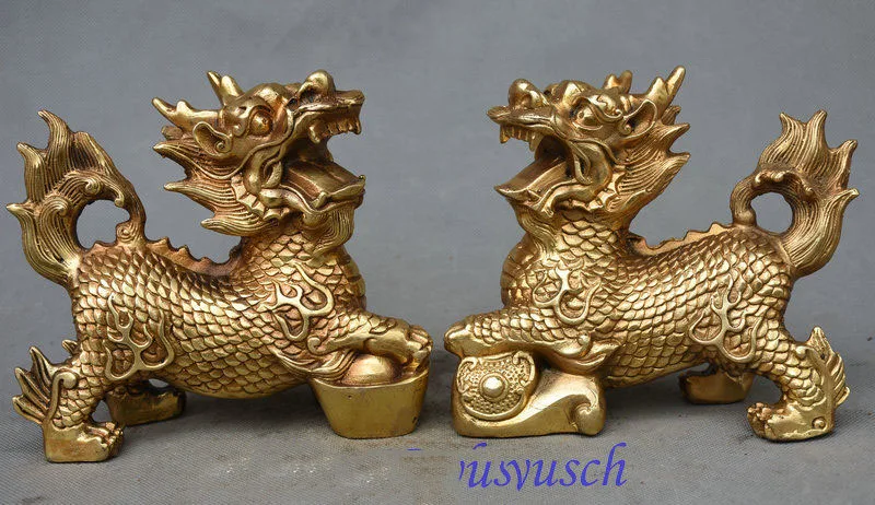 Chinese Fengshui Pure Brass Evil Dragon Kylin Unicorn Wing Beast statue