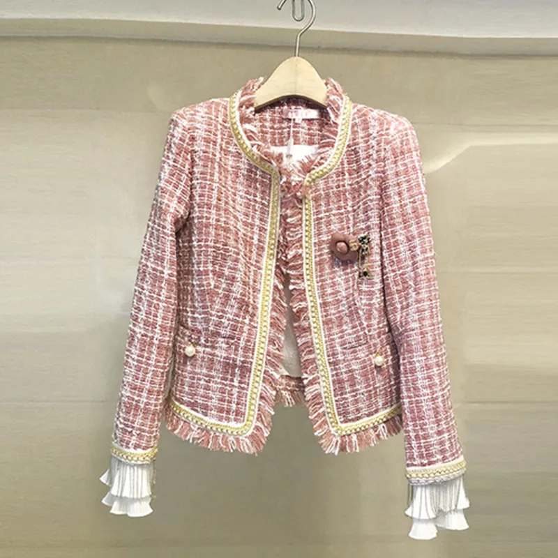 

2019 New Runway High Quality Pink Plaid Women Tweed Overcoat autumn Tassel Beading Long Sleeve Jacket Coat Fashion Coats
