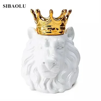 

INS Golden Crown Animal Head Storage Jar Bear Head Fox Head Ornaments Figurines Ceramic Miniatures for Wedding Home Office Decor