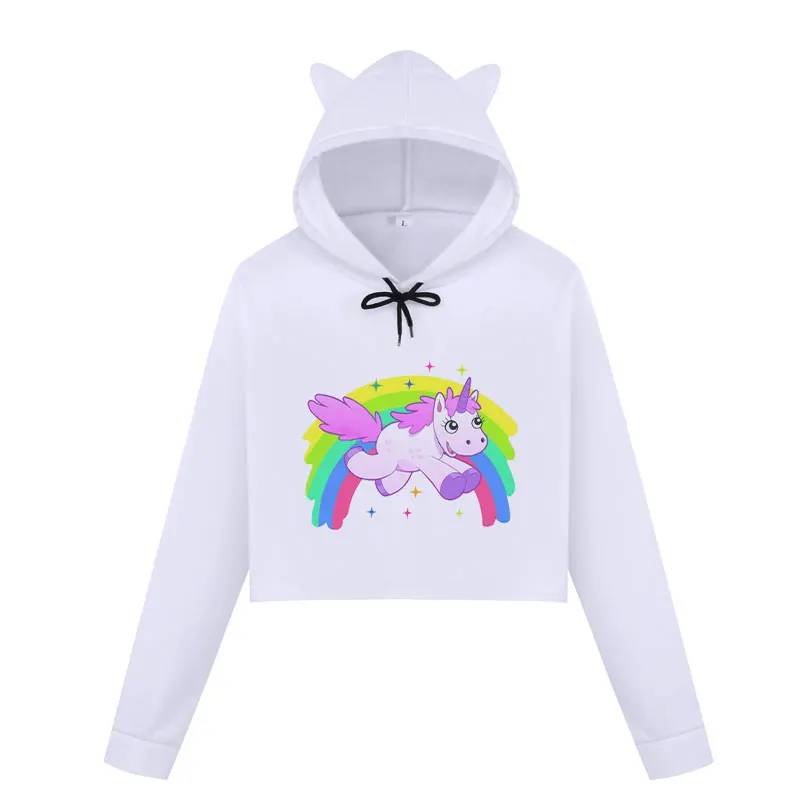 Kpop Angel Unicorn женские толстовки, зимняя толстовка, повседневный укороченный Топ Harajuku Kawaii с рисунком единорога, укороченный пуловер с капюшоном