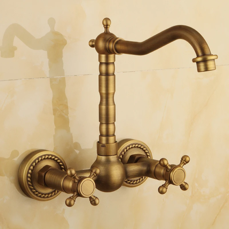 

Antique Brass Wall Mounted Basin Faucet Double Handle Bathroom Vessel Sink Faucet Swivel Spout Basin Mixer Faucet KD527