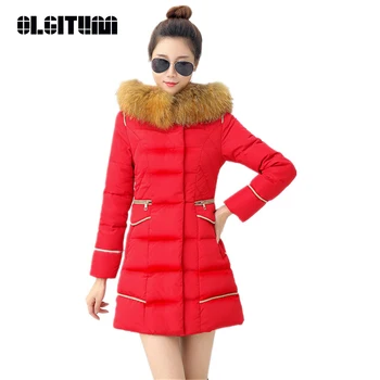 

OLGITUM Parkas Women Coats Fashion Autumn Warm Winter Fur Collar Jackets Long Plus Size Hoodies Casual Cotton Outwear Hot CC363