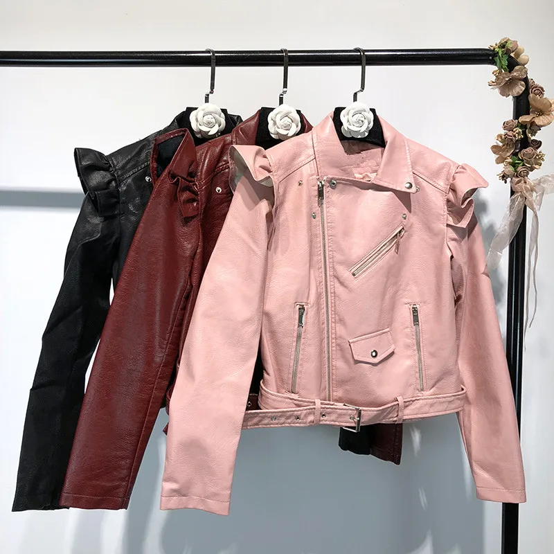 2018 À Glissière Moto Outwear Mode Pu Automne Casual Streetwear Y593 Manteau Femmes Fermetures Veste Volants Hiver YwYUq0