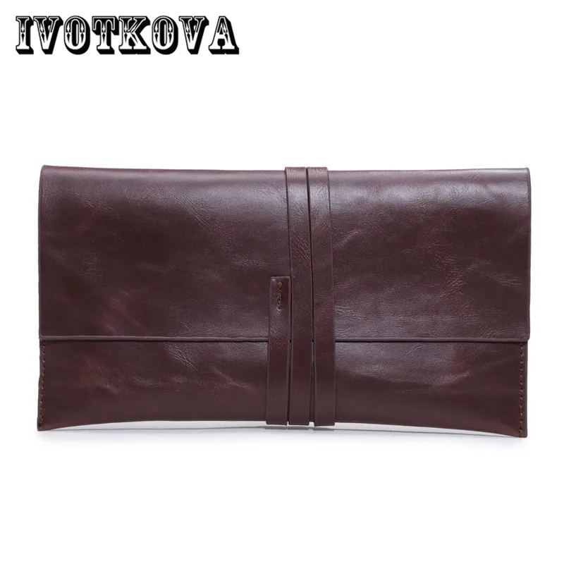 

IVOTKOVA Mens Clutch Bag Leather Men Envelope Bag Solid Zipper Brown Clutch Wallet Women File package High Quality Party Bag