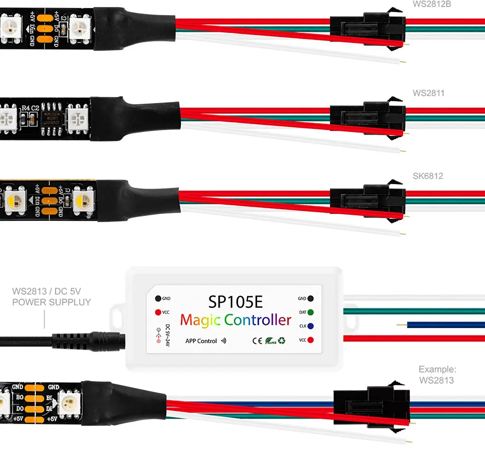 SP108E Wi-Fi WS2811 WS2812B светодиодный музыкальный контроллер SP107E SK6812 SP105E Bluetooth APA102 SP110E WS2801 пикселей Светодиодная лента DC5-24V