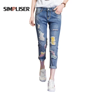 

SIMPLISER Colorful Women Ripped Jeans Pants Plus Size Femme Mujer Denim Pants Femme Pantalom Blue Trousers boyfriend loose jeans