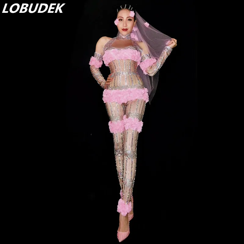 

Female costumes Pink Flowers Rhinestones sexy Crystals Jumpsuits performance DJ DS show Leotard Singer Dance Nightclub star