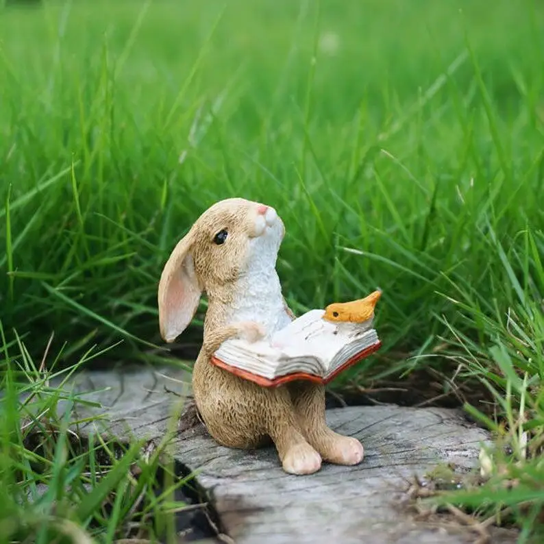

Fairy Garden Miniature Small Cute Rabbit Reading Book with Bird,Mini Garden Supplies DIY Terrarium Accessories Animal Figurine