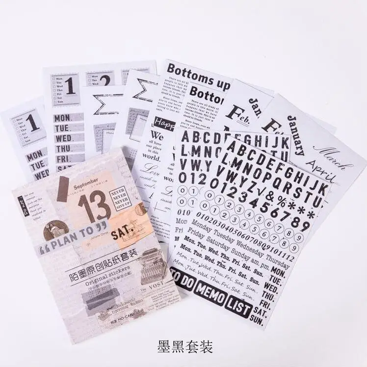 

10pcs Retro Black Series Simple Calendar Number Alphabet Week Plan Date Vintage Decorative Stickers DIY Scrapbooking Diary album