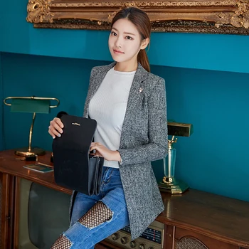 

Spring and autumn new fashion two-color fabric leisure suits women OL temperament long section of windbreaker small suit jacket