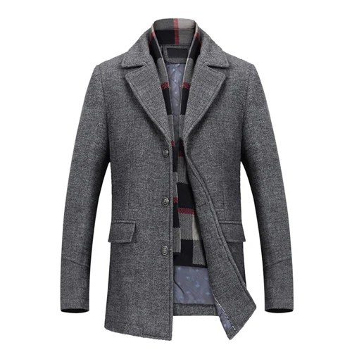 Новинка, зимнее шерстяное пальто высокого качества, толстый Съемный шарф, шерстяные пальто для мужчин - Цвет: Серый