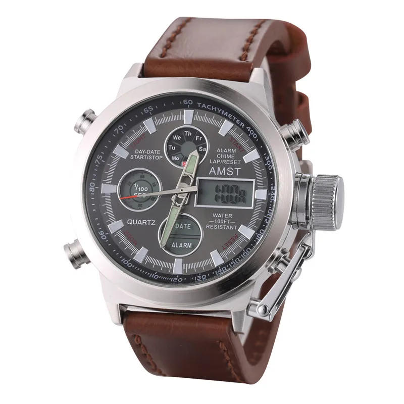Мужские модные спортивные военные наручные часы новые AMST часы мужские люксовый бренд 5ATM 50m светодиодный цифровой аналоговый кварцевые часы для дайвинга - Цвет: brown silver white