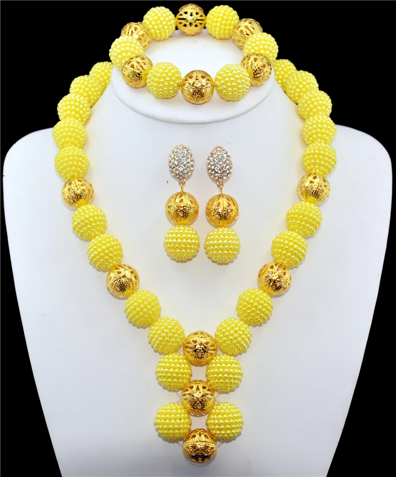 

Yellow African beads jewelry set gold-color ball beads bride jewelry nigerian wedding african beads jewelry Set