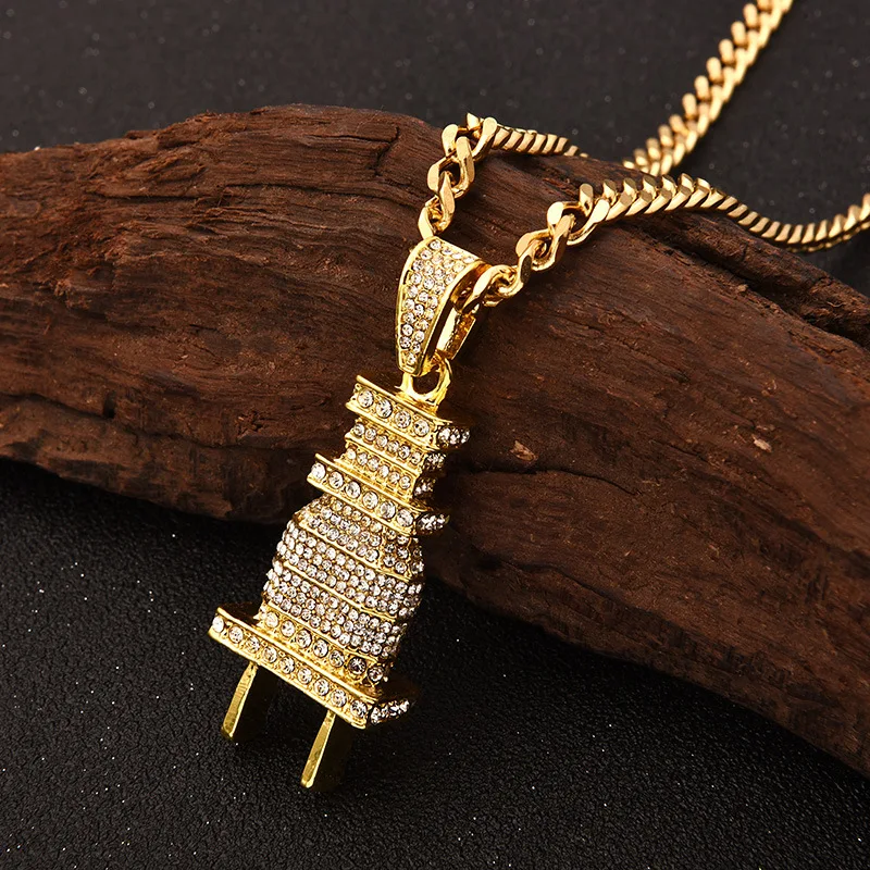 

Exotic Rhinestone Inlaid Gold Silver Color Electrical Plug Shape Pendant Necklace Men's Exotic Hip Hop Jewelry for Party 2019