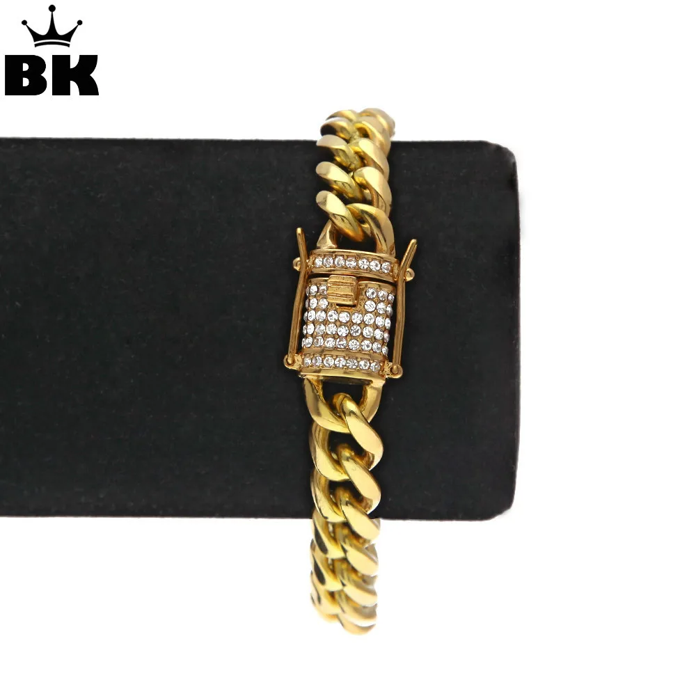 

10mm Cuban Bracelet Iced Out Rhinestone Stainless Steel Link Bracelet Gold Silver Color For Men With Box Clasp Drop Shipping