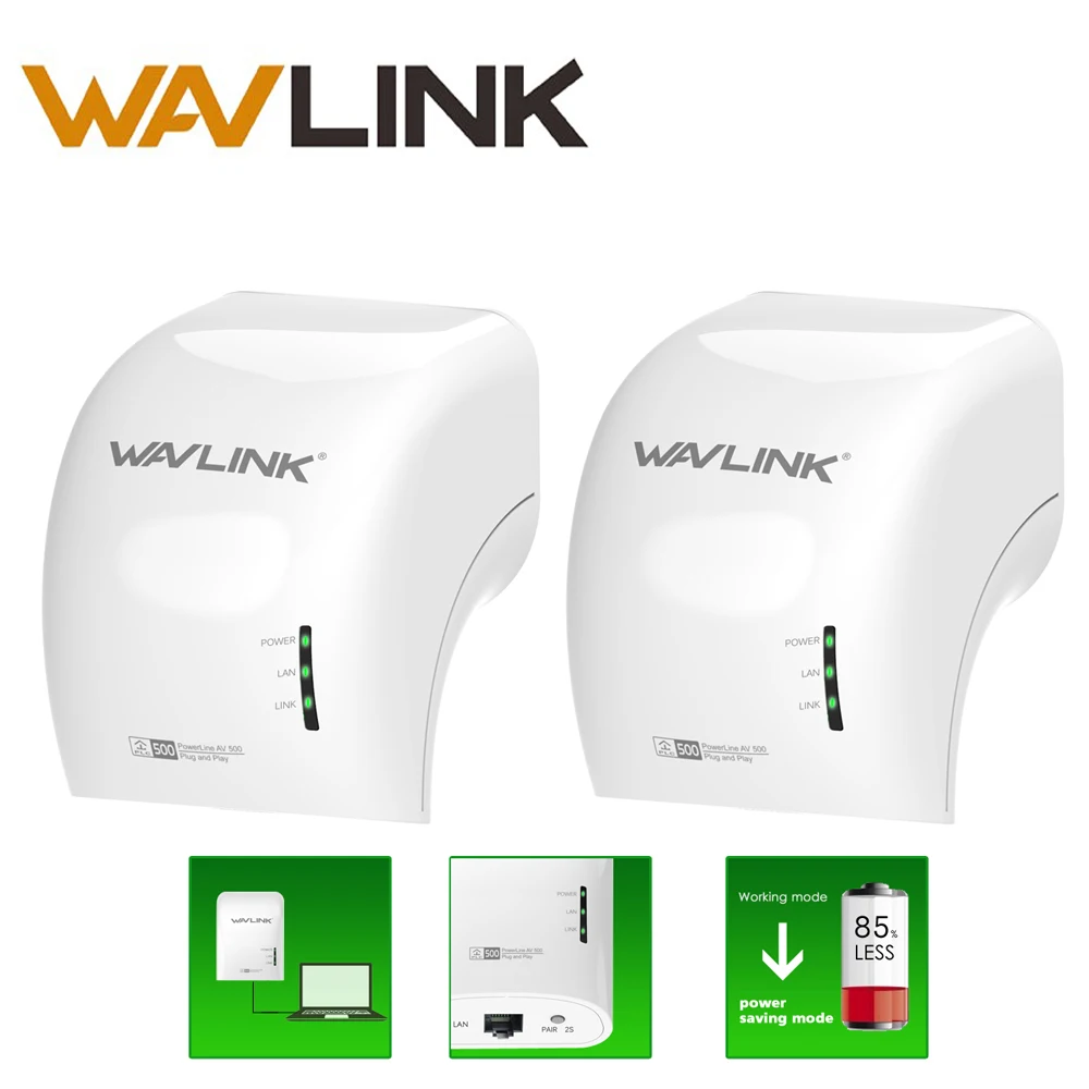 Wavlink 1 Pair AC500 Wired Powerline Extender Adapter 500mbps