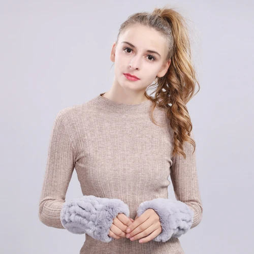 Fashion Girl Knitted Warm Soft Real Rex Rabbit Fur Gloves Winter New Women Rabbit Fur Mittens Real Rex Rabbit Fur Gloves - Color: blue gray