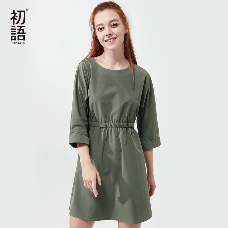 

Toyouth Vintage Green Dresses For Women Casual Solid Three Quarter Sleeve Mini Dress Female Elastic Waist Loose Cotton Vestidos