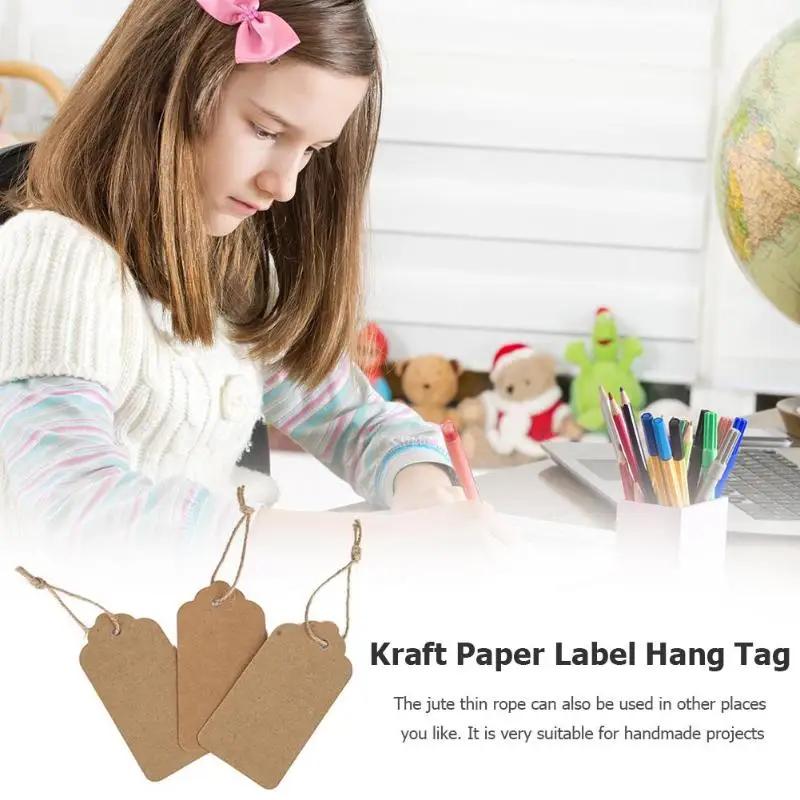100pcs Kraft Paper Label Hang Tag Wedding Brown Rectangle Craft w/50m Rope Packaging Label Festival and Party Supplies
