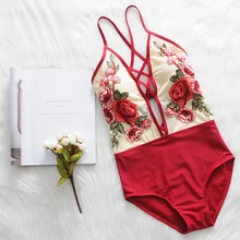 Брендовый летний сексуальный цельный купальник с цветочной вышивкой в стиле ретро, Женский лоскутный купальник с глубоким v-образным вырезом и открытой спиной, популярная женская пляжная одежда