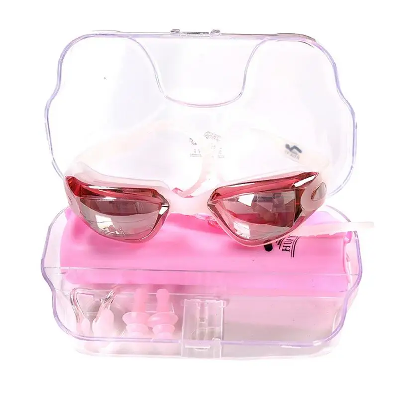 Pink Детские очки для плавания, зеркальные очки, 4 шт., шапочка для плавания, зажим для носа, затычки для ушей для плавания, набор передач, силиконовый HD УФ-светильник, фильтр для объектива - Цвет: Pink