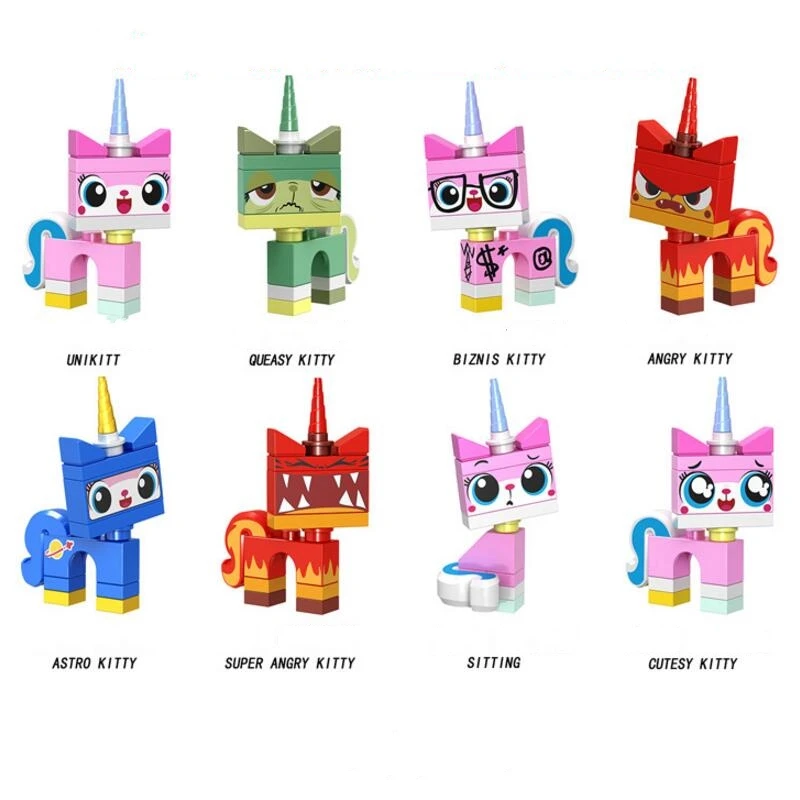

8pcs/lot Unikitty Super Angry Astro Queasy Biznis Unicorn Kitty Figure Bricks Building Blocks With Legoinglys Toy For Children