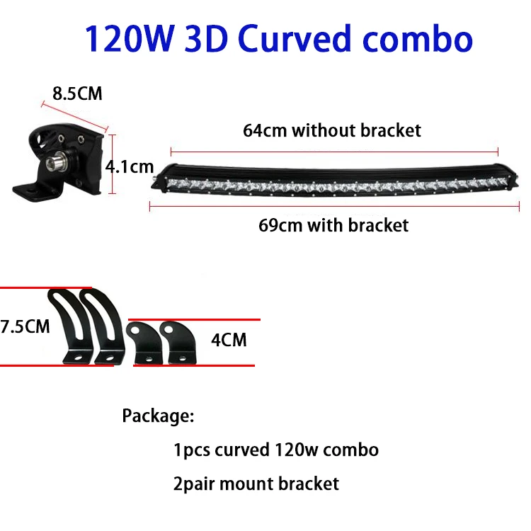 Однорядный изогнутый светодиодный бар точечный комбинированный светодиодный светильник для внедорожника 4X4 Barra для авто трактора рабочий прожектор грузовика 12 В 24 В - Цвет: 120W combo 69cm