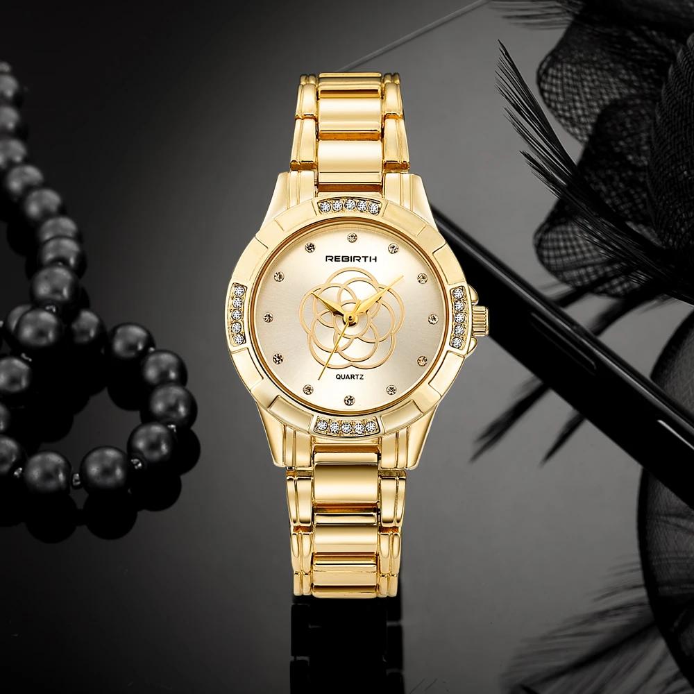

Reloje REBIRTH Gold Ladies Watch Women Watches Brand Luxury Diamond Quartz Wristwatch Woman Clock Flower Design Relogio Feminino