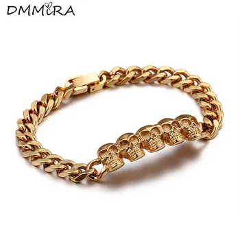 

Fashion Punk Cool Men Skeleton Chain Bracelet Yellow Gold Stainless Steel Five Skull Chain Bracelets Pulseras Jewelry