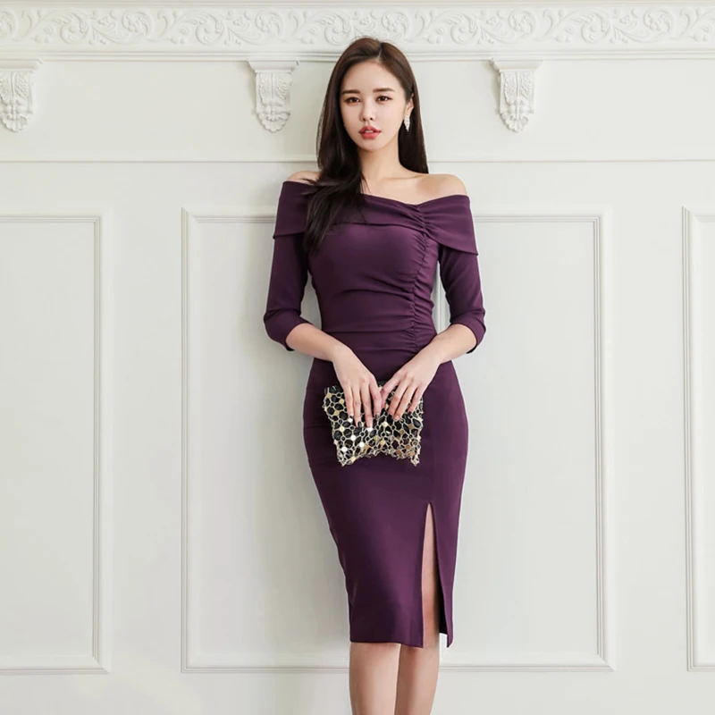 

Sexy Off-shoulder Women Dress Slash-neck Ruched Sheath Bodycon Female Dress Side Split Mid-length Vestidos femme 2019